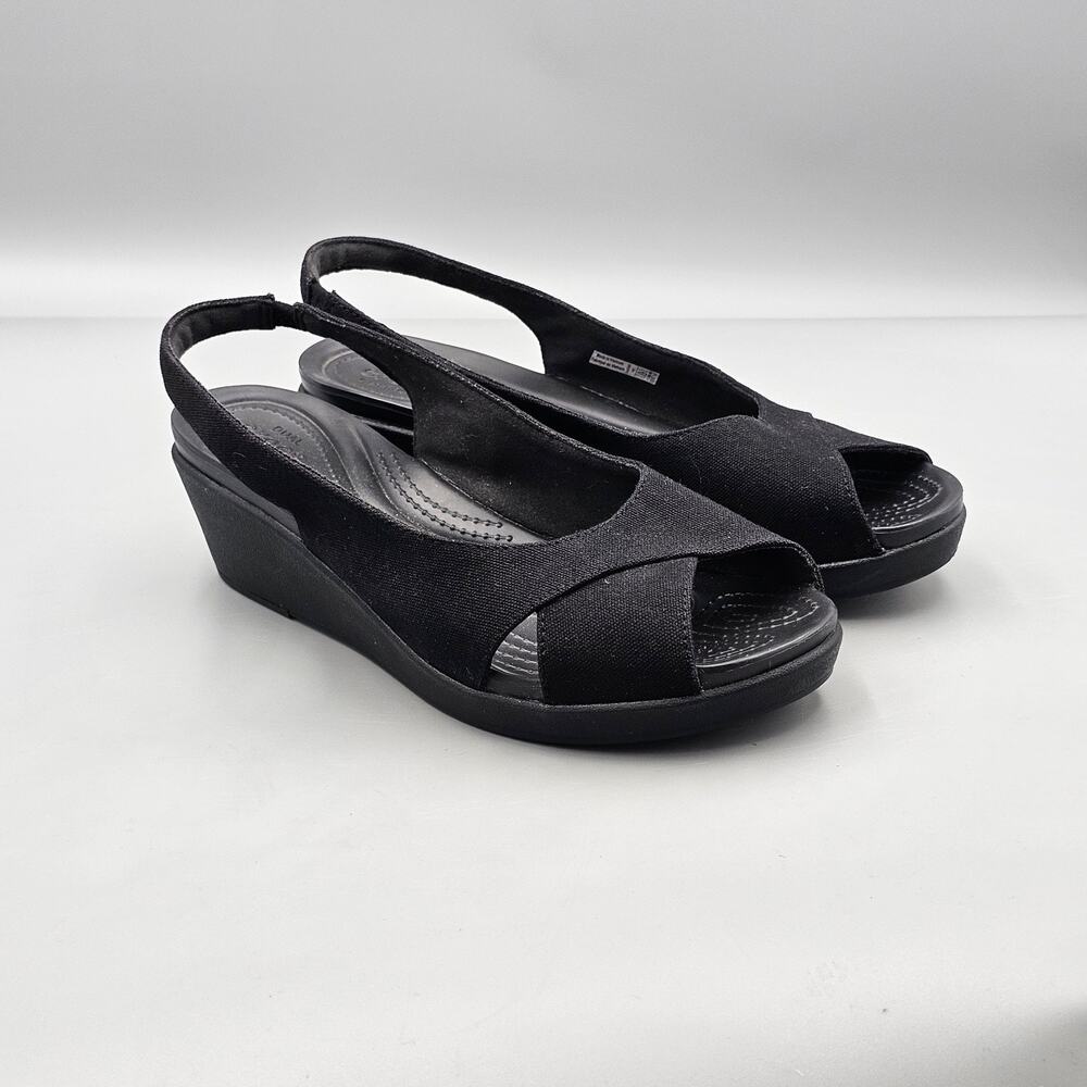 Crocs Womens Size 9 US VGC Leigh Ann Black Sling Back Wedge Dual Comfort Sandals